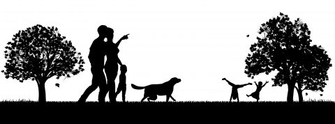 Black & White Graphic of family walking across fields with dog
